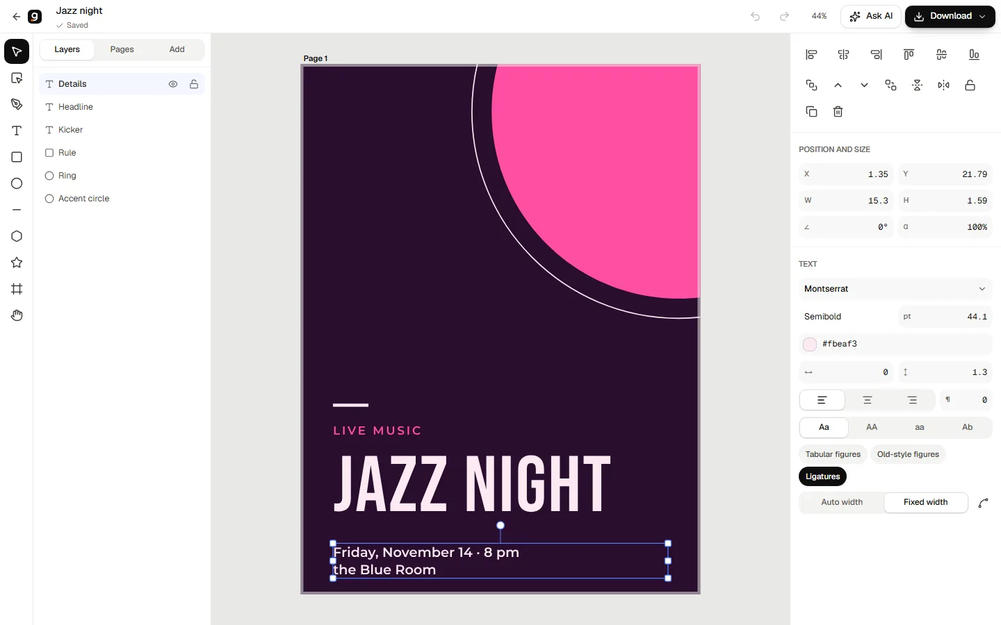 The Graphivo editor with a poster open: layers, the canvas and type controls