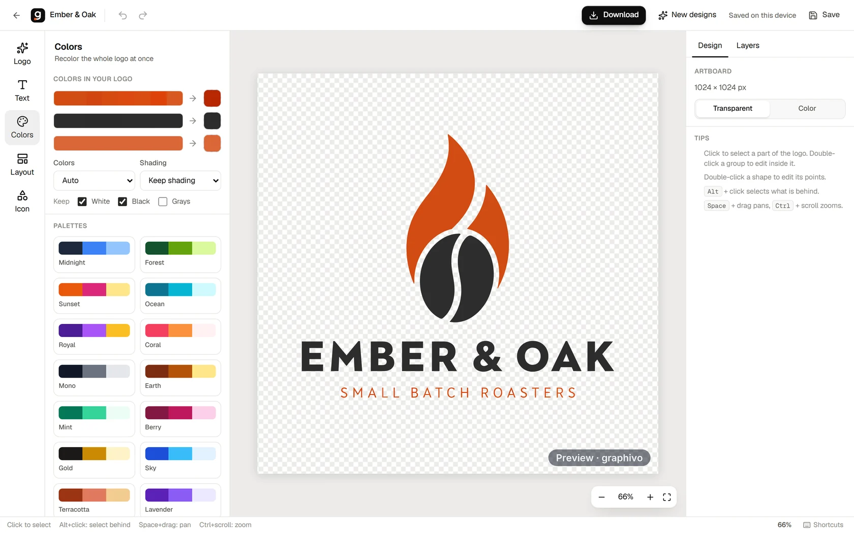 The Graphivo editor with a logo open: font, color and layout controls next to the canvas